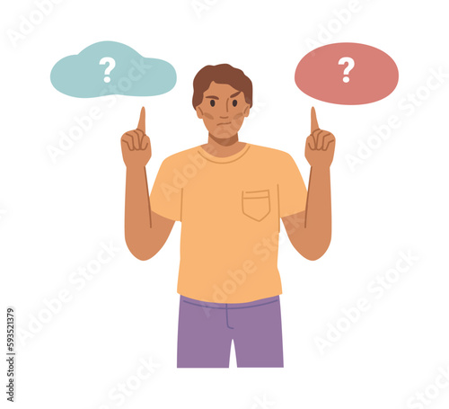 Making decision and showing choice, isolated man asking to select option. Alternatives and possibilities, answers and solution selection. Vector in flat cartoon illustration