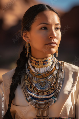 A captivating portrait of a Navajo woman wearing tradition clothing