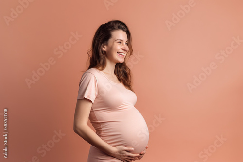 Expecting Happiness: Smiling pregnant woman on pastel salmon red background with space for text. Copy space. Pregnancy and Motherhood concept - AI Generative