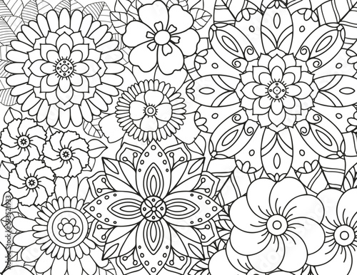 Coloring pages for children and adults.Blooming garden illustration hand drawing. 