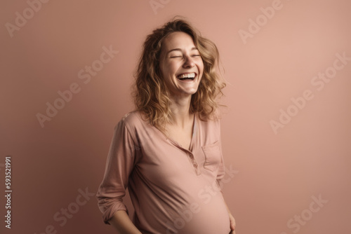 Expecting Happiness: Laughing pregnant woman on pastel beige background with space for text. Copy space. Pregnancy and Motherhood concept - AI Generative