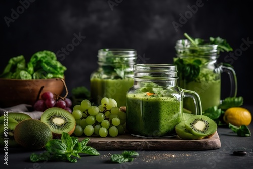 a variety of fruits and smoothies are arranged on a table with a dark background