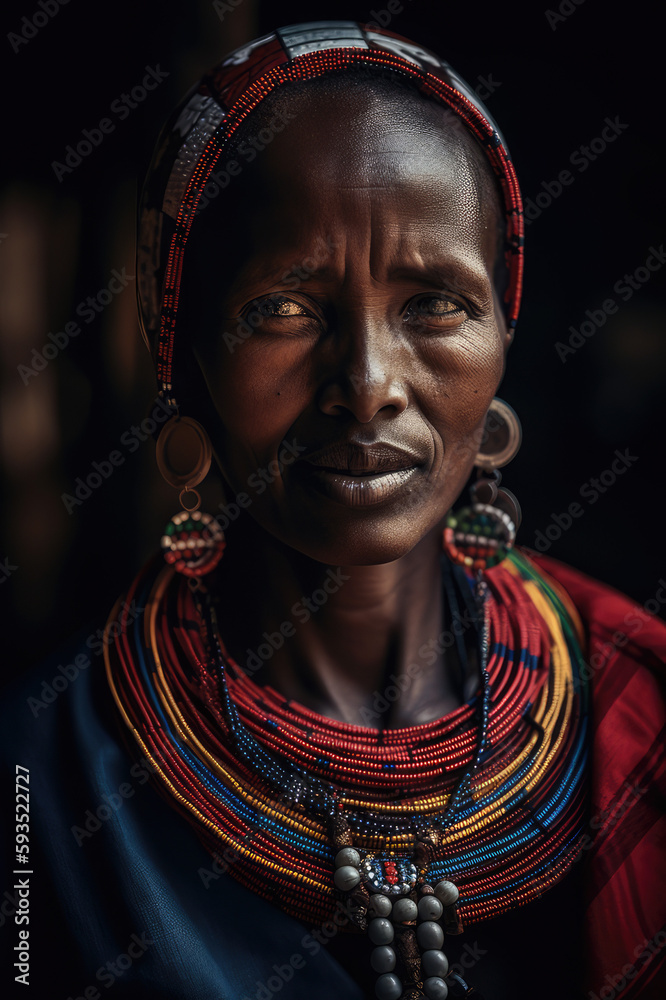 A dramatic portrait of a Maasai woman with beaded accessories and traditional clothing