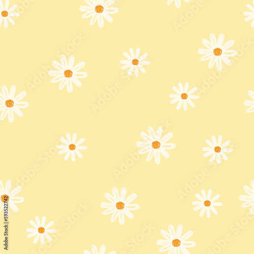 Seamless with daisy chamomile on pastel yellow background vector illustration. Cute hand drawn floral pattern.
