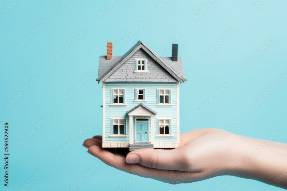 Real Estate Investment. Hand holding miniature house on pastel blue background. Concept for buying or selling property. Copy space. AI Generative Real Estate Investment. Hand holding miniature house on pastel blue background. Concept for buying or selling property. Copy space. AI Generative