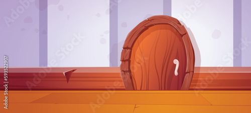 Fairy small mouse hole house. Cute cartoon hidden rat home door in baseboard background. Comic close mice burrow vector illustration. Brown tiny entrance for lodger in plinth wide game wallpaper.