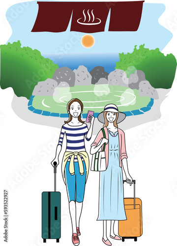 温泉旅行をする女性観光客