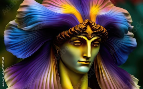 Iris, godess of the rainbow and messenger of the greek / roman gods, statue with iris flower head created with generative ai