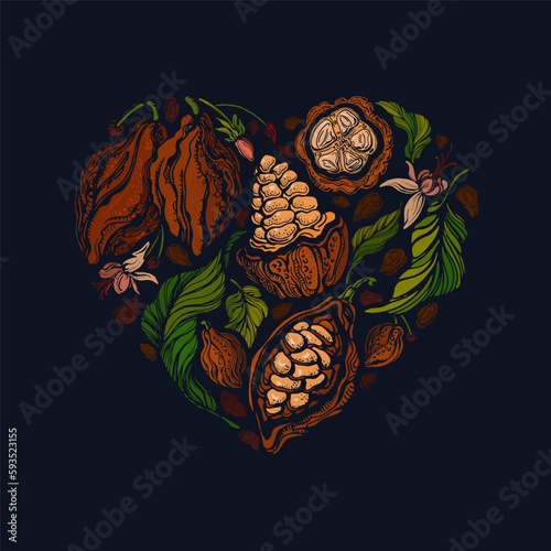 Cocoa heart symbol. Organic chocolate. Kakao beans