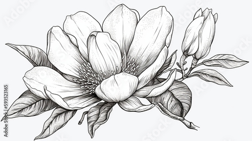 Black   White Hand Drawing Of Magnolia With Leaves On Isolated Background  Generative Ai