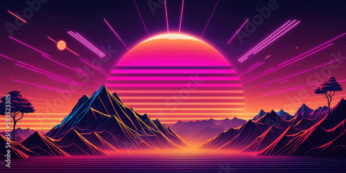 synthwave retrowave landscape with mountains and sunset. generative AI