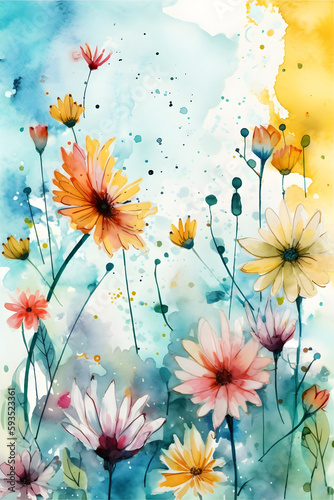 Vertical watercolor summer floral illustration with tiny flowers. Generative AI