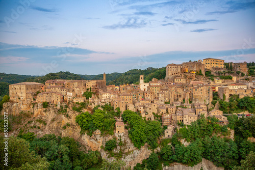 Buildings in town of Sorano at sunset, Tuscany, Italy