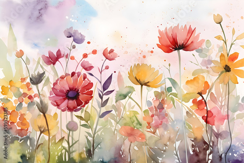 Watercolor summer field with summer flowers. Generative AI