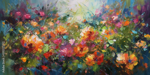 Blossoming Beauty: An Impressionist Painting of a Colorful Flower Garden in Bold Brushstrokes © artefacti
