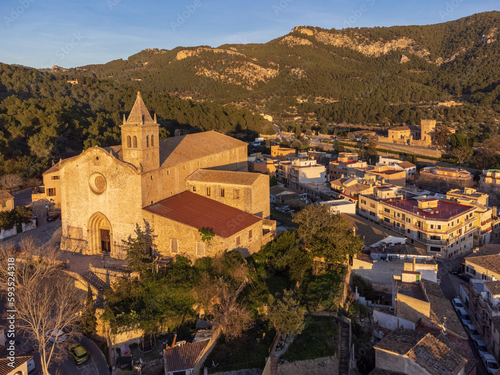 Santa Maria church and Andratx town, aerial view at sunset, Majorca, Balearic Islands, Spain