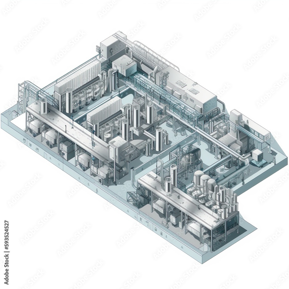 An illustration of a factory with multiple production lines ...