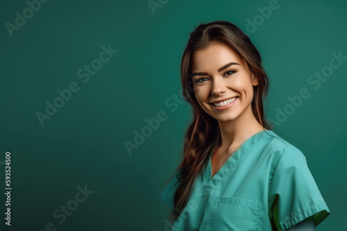 Healthcare professionals. Smiling nurse in uniform isolated on green background with space for text. Copy space. Medical concept AI Generative © Mr. Bolota