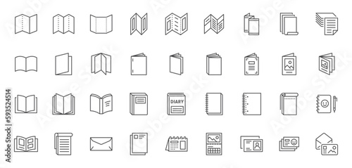 Brochure line icons set. Flyer leaflet, catalogue, booklet, magazine, letterhead, open book and other polygraphy vector illustration. Outline signs for print shop. Editable Stroke © nadiinko