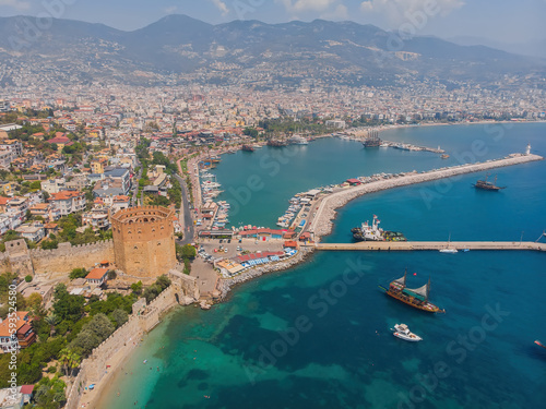 Kizil Kule or Red Tower and port aerial panoramic view in Alanya city, Antalya Province on the southern coast of Turkey © Ryzhkov Oleksandr