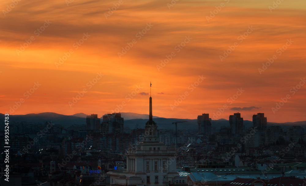 St Alexander Nevsky Cathedral famous tourist location in Sofia, Bulgaria shot from above at sunset