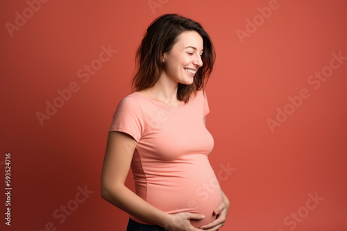 Expecting motherhood. Smiling pregnant woman. Solid color background with space for text. Copy space. Pregnancy concept AI Generative