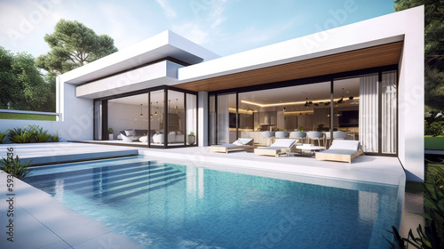Luxurious villa with swimming pool in a modern minimalist style. Generative AI © piai