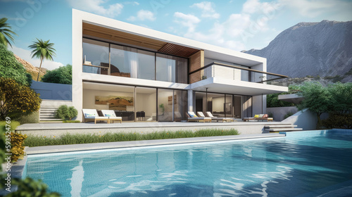 Luxurious villa with swimming pool in a modern minimalist style. Generative AI