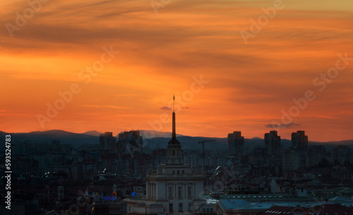 St Alexander Nevsky Cathedral famous tourist location in Sofia, Bulgaria shot from above at sunset