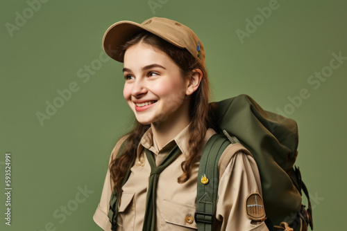 Prepared for Adventure: Happy scout with backpack isolated on army green background with space for text. Copy space. Scouting and Travel concept AI Generative photo