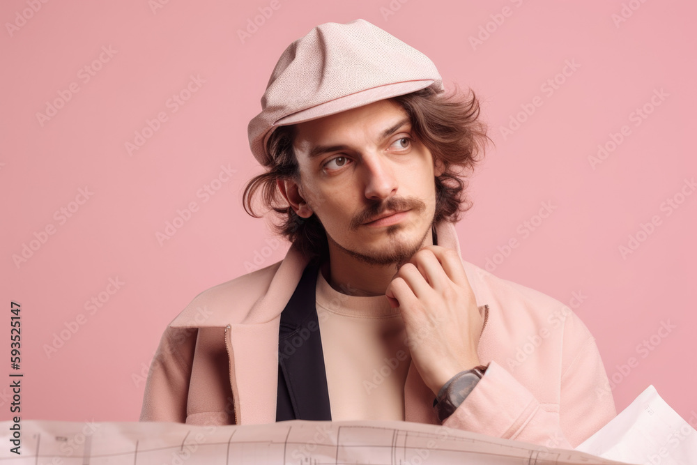 Designing and Planning: Architect holding blueprint with focused expression isolated on pink background with space for text. Copy space. Creativity and Functionality concept AI Generative