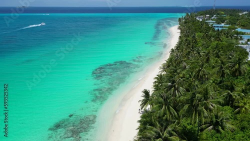 stunning blue ocean and sandy white island maldives top drone aeral view deserted hidden beach photo