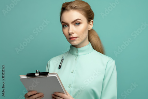 Mental health and well-being. Thoughtful female psychologist holding clipboard isolated on pastel background with space for text. Copy space. Mental health concept AI Generative