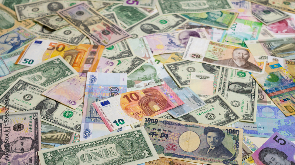 World currency banknote, economic crisis, inflation. banknotes of different denominations in dollars. Banking, international stock market.