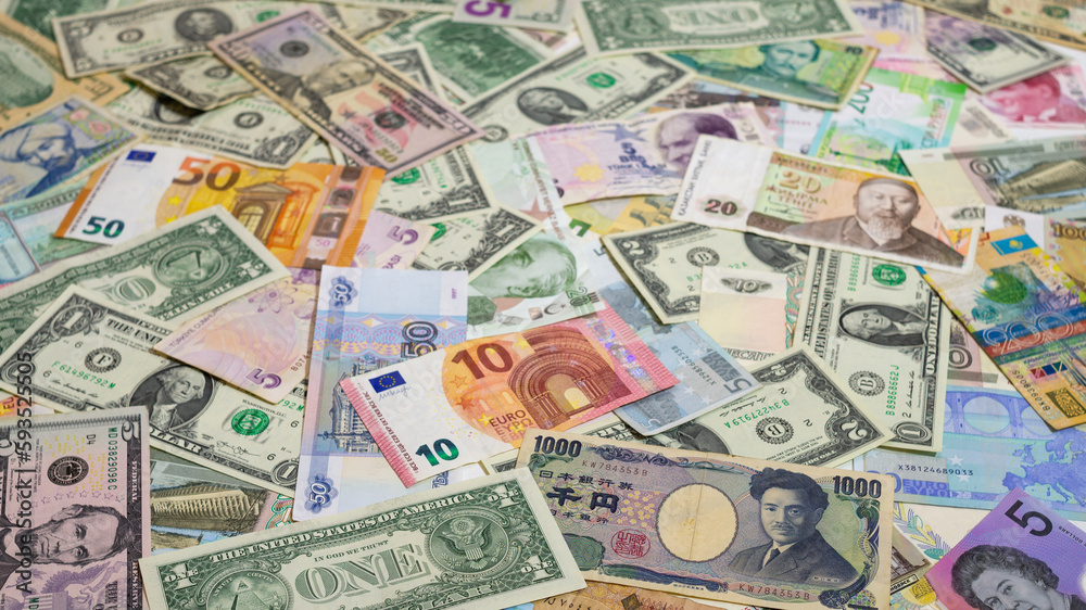 World currency banknote, economic crisis, inflation. banknotes of different denominations in dollars. Banking, international stock market. World currency banknote, economic crisis, inflation. banknotes of different denominations in dollars. Banking, international stock market.