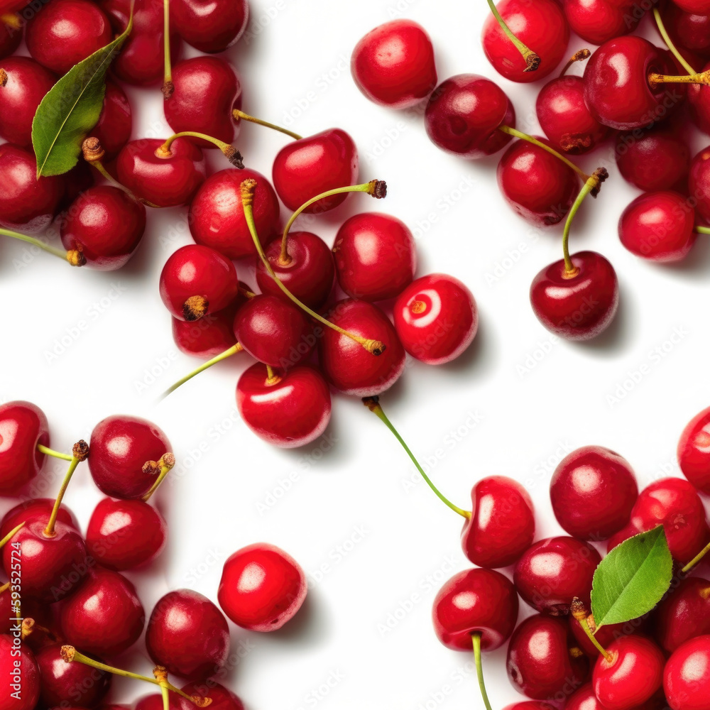 Juicy and Ripe Cherry tile pattern. Top view of freshly picked red cherry on a white background. Copy space. Fruit concept AI Generative Juicy and Ripe Cherry tile pattern. Top view of freshly picked red cherry on a white background. Copy space. Fruit concept AI Generative