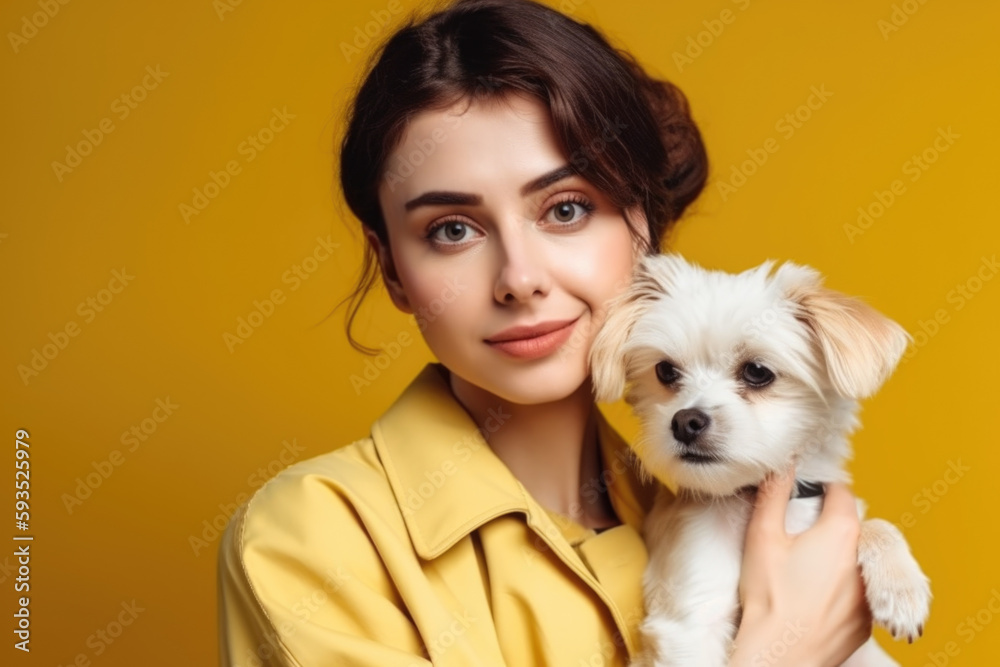 Animal Care: Veterinarian holding a cute dog in white coat on yellow pastel background with space for text. Copy space. Healthcare concept. AI Generative Animal Care: Veterinarian holding a cute dog in white coat on yellow pastel background with space for text. Copy space. Healthcare concept. AI Generative
