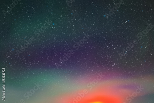 Night starry sky and green polar lights. Indigo red aurora borealis