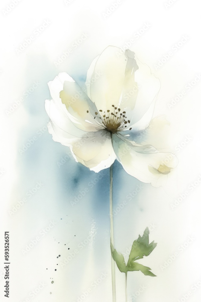 Wonderful dreamy light watercolor of a bright beautiful flower, white background with few details - Generative AI