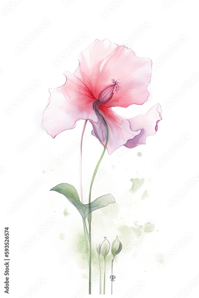 Wonderful dreamy light watercolor of a bright beautiful flower, white background with few details - Generative AI