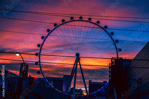 High Roller Las Vegas Strip Observation Wheel agaisnt colorful dusk sky in Paradise, Nevada