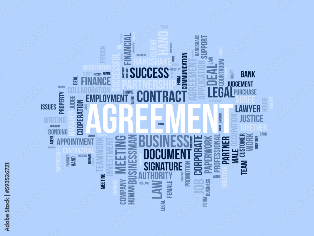 Obraz premium Word cloud background concept for Agreement. Corporate contract document, legal business collaboration of financial right. vector illustration.