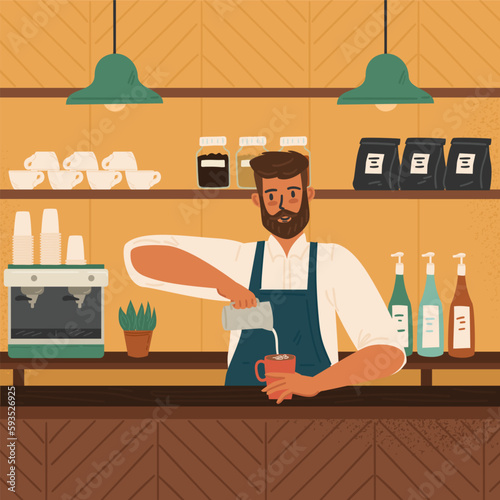 Barista making cup of coffee latte, vector illustration. Cafe interior with coffee machine, cups, coffee beans