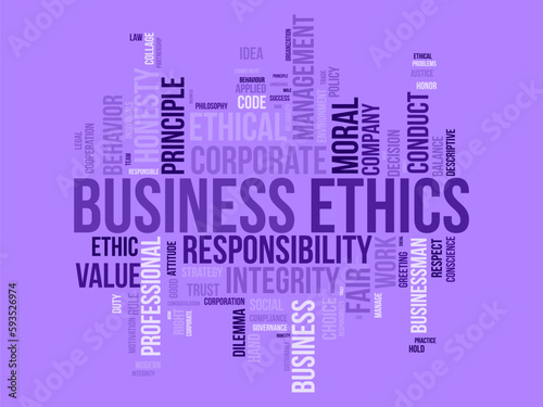 Word cloud background concept for Business Ethics. Corporate integrity, Company principle moral trust of responsibility value. vector illustration.