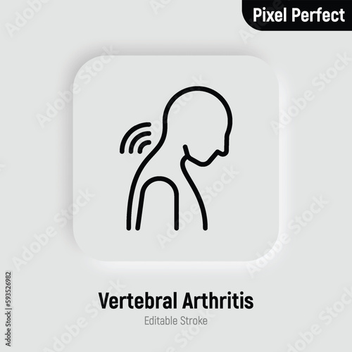Vertebral arthritis thin line icon. Joint inflammation, neck pain. Pixel perfect, editable stroke. Vector illustration.