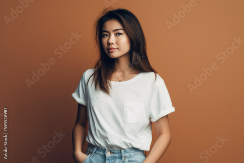Casual Elegance. Modern and stylish woman in white top and denim shorts isolated on solid color background with space to text. Copy space. Beauty concept AI Generative