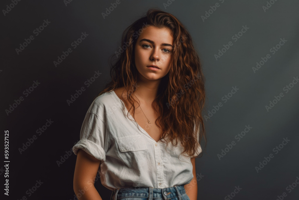 Casual Elegance. Modern and stylish woman in white top and denim shorts isolated on solid color background with space to text. Copy space. Beauty concept AI Generative Casual Elegance. Modern and stylish woman in white top and denim shorts isolated on solid color background with space to text. Copy space. Beauty concept AI Generative