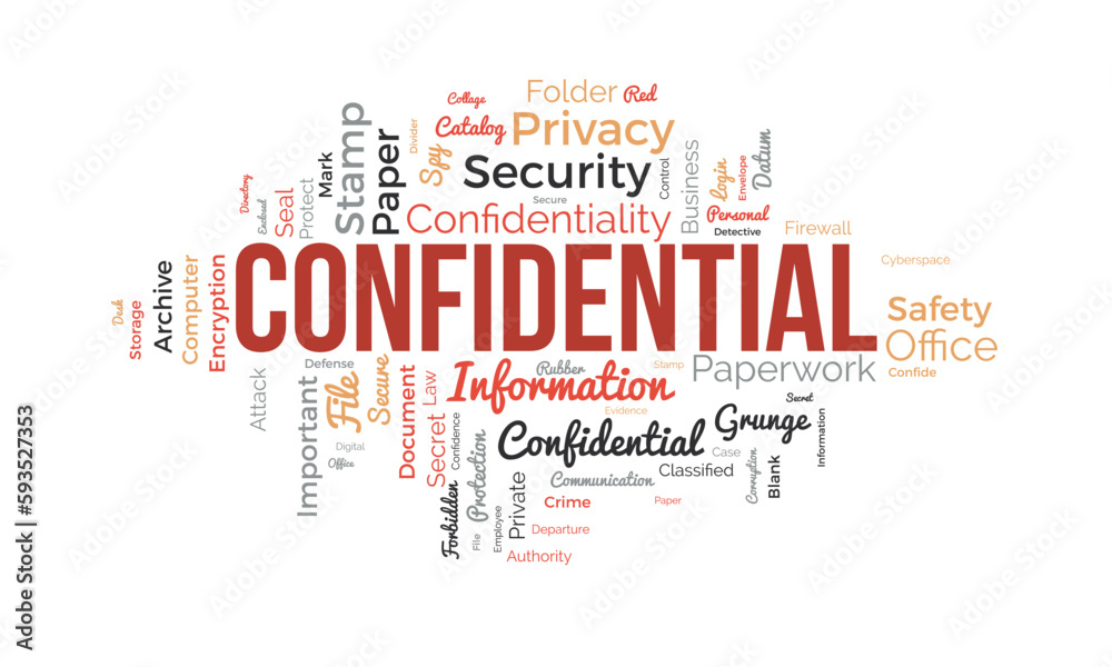Obraz premium Word cloud background concept for Confidential. Secret information authority, privacy important of departure document. vector illustration.
