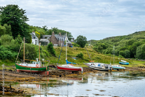 Colorful fishing boats in the small village of Badachro near Gairloch in North West Highlands, Scotland UK photo