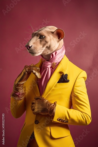 Elegant panter wearing colorful clothes on a pink background. Generative AI photo